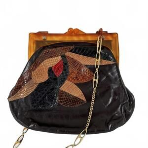 Vintage Leather Handbag with Floral Patchwork Design Made in France